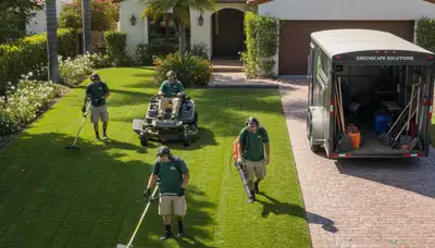 Professional lawn maintenance crew mowing and edging a Pasadena, CA yard with expert landscaping care