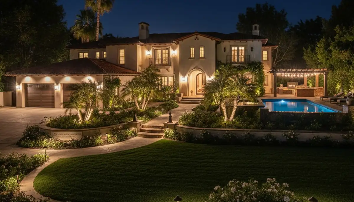 Professional landscape lighting illuminating entire property at night in Pasadena, CA