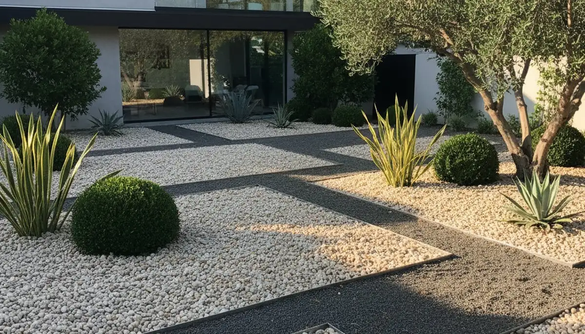 Modern pea gravel landscape design with clean lines at Pasadena, CA home by Chop Chop Landscaping