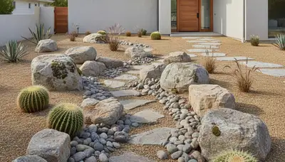 Desertscape with decorative boulders and gravel by Chop Chop Landscaping in Pasadena, CA