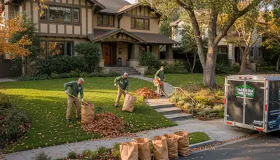 Technicians performing fall leaf removal and yard clean up in a Pasadena, CA residential lawn