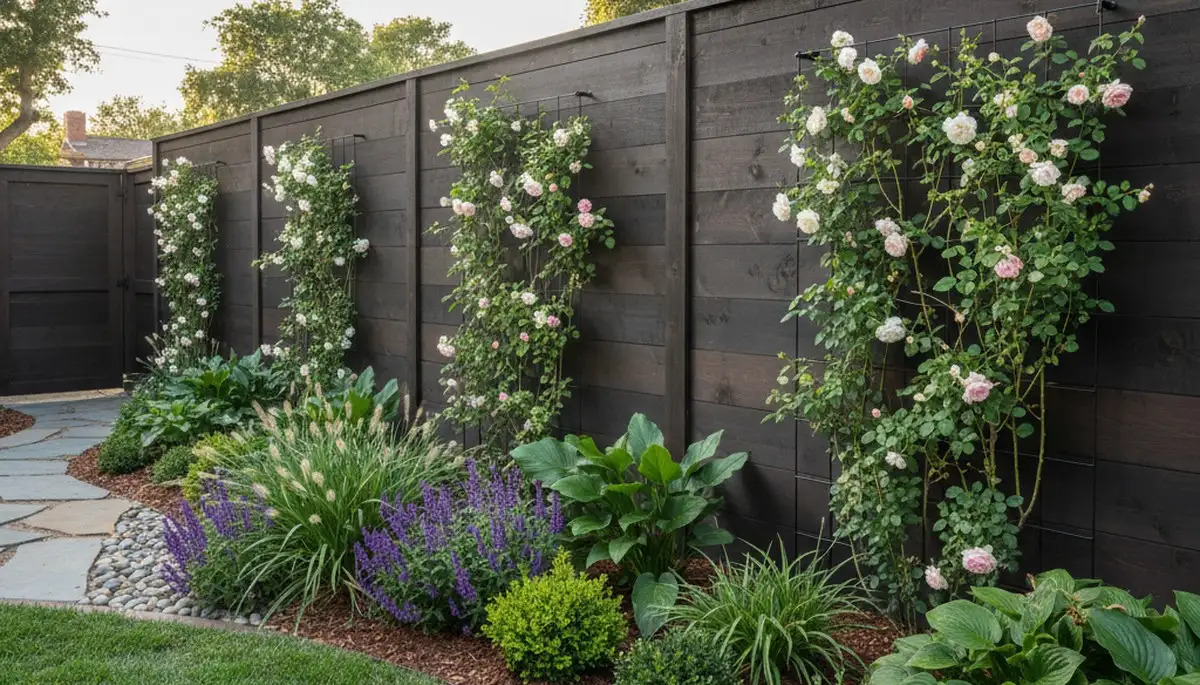 Privacy fence with integrated landscape design and climbing plants in Pasadena, CA yard