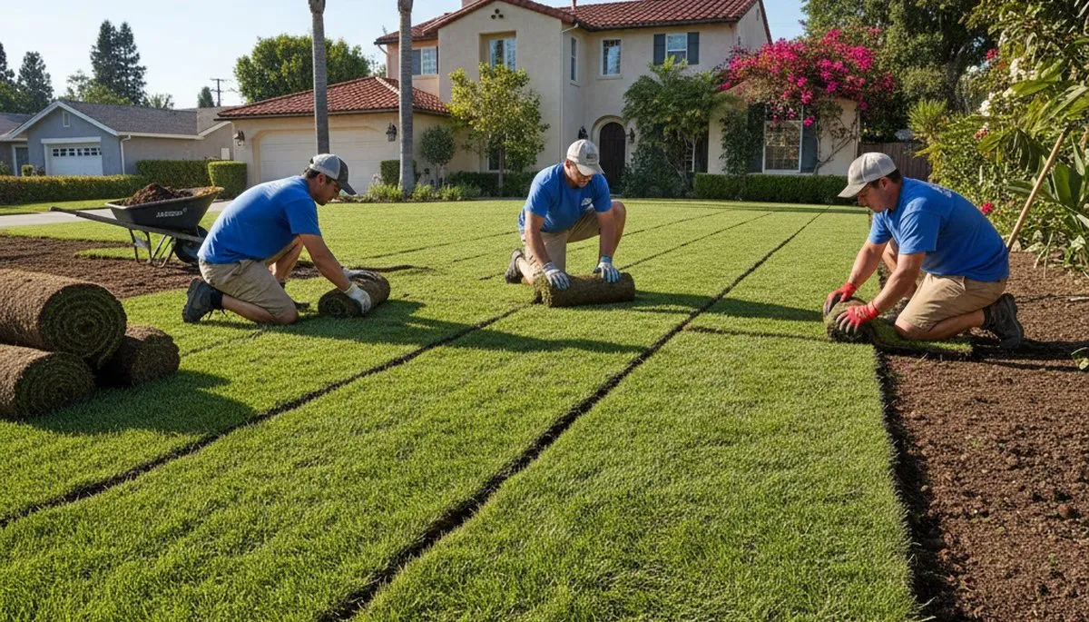 Professional sod installation with fresh grass rolls on prepared soil in Pasadena, CA landscaping project