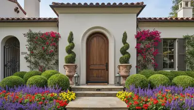 Front yard landscape design with colorful plants and shaped shrubs by Chop Chop Landscaping in Pasadena, CA