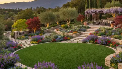 Full property landscape design with lawn, trees, and hardscape by Chop Chop Landscaping in Pasadena, CA