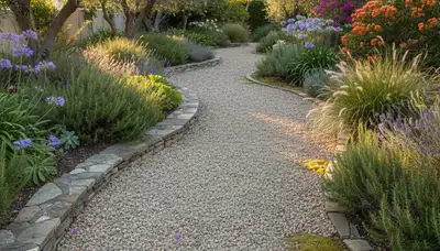 Pea gravel garden path with natural borders in Pasadena, CA landscape by Chop Chop Landscaping