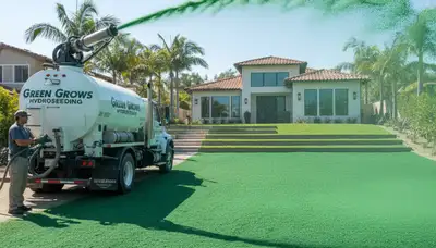 Hydroseeder truck spraying green lawn mixture in Pasadena, CA by Chop Chop Landscaping