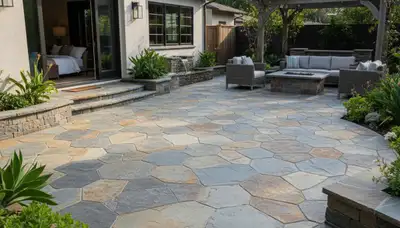 Flagstone patio with natural slate pavers by Chop Chop Landscaping in Pasadena, CA