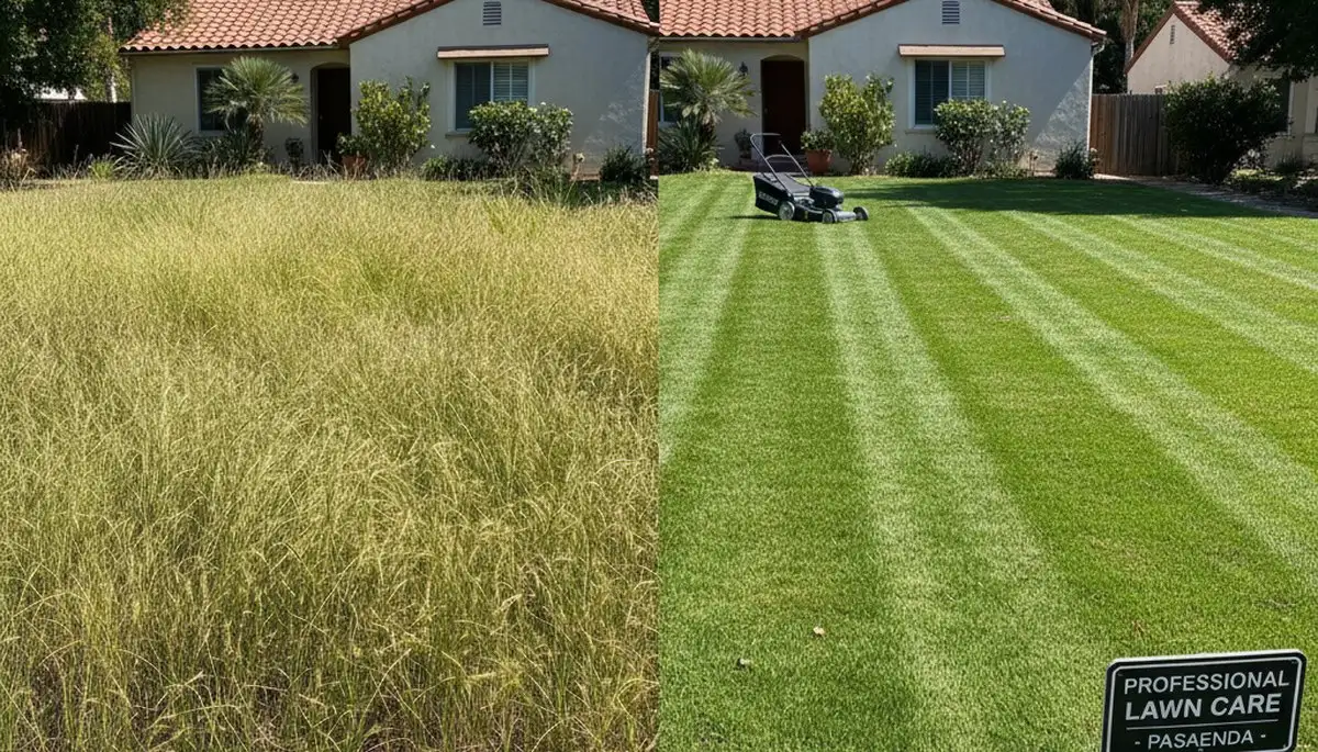 Before and after lawn mowing showing overgrown to freshly cut grass in Pasadena, CA by Chop Chop Landscaping