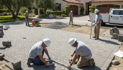 Professional crew installing driveway pavers in Pasadena, CA with base prep and precise leveling