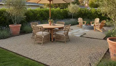 Professional pea gravel patio installation in Pasadena, CA with clean edging and outdoor seating