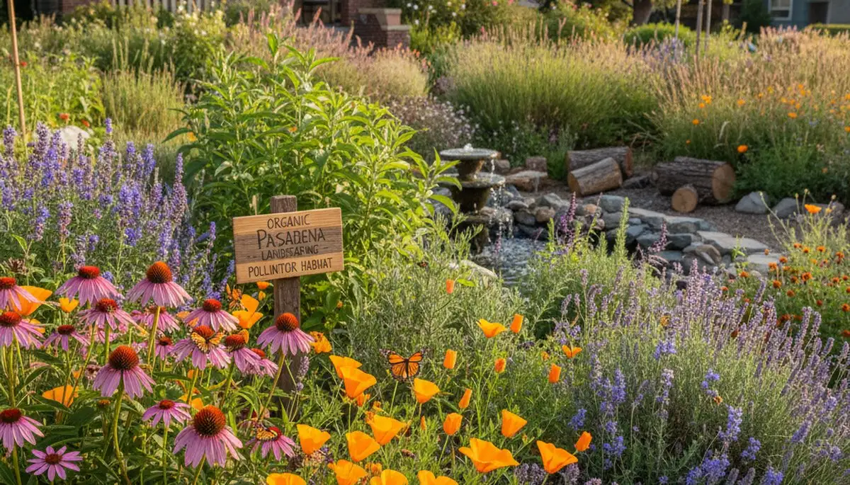 Pollinator-friendly native garden with butterflies and flowers by organic landscapers in Pasadena, CA