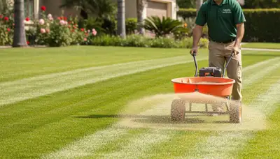 Lawn care technician spreading fertilizer on residential yard in Pasadena, CA for healthy green turf