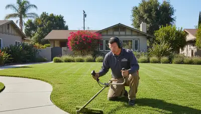 Technician performing precise lawn edging and trimming in Pasadena, CA by Chop Chop Landscaping