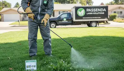 Lawn care technician applying targeted weed control in Pasadena, CA residential yard
